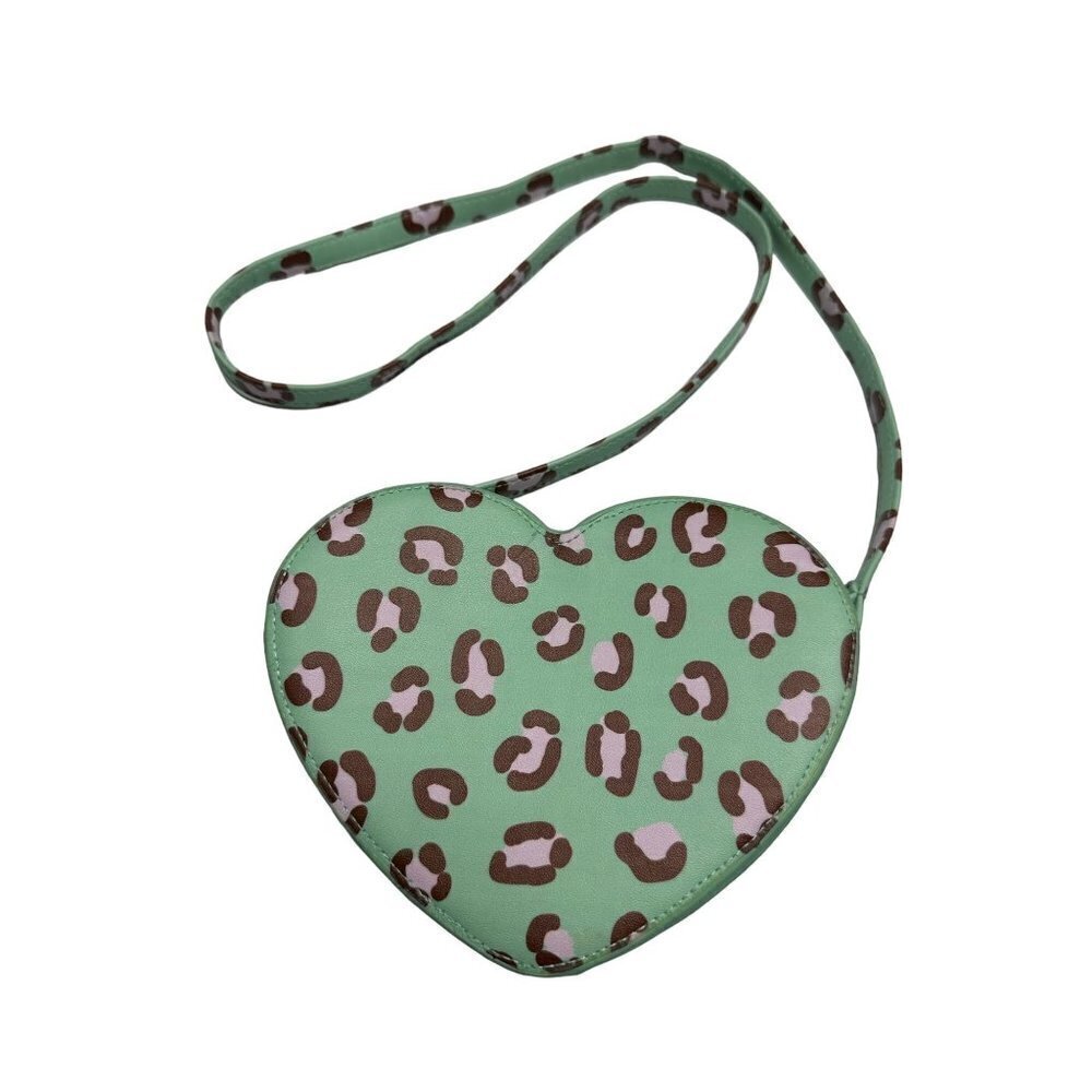 Mint green pink & brown‎ leopard print heart crossbody purse
